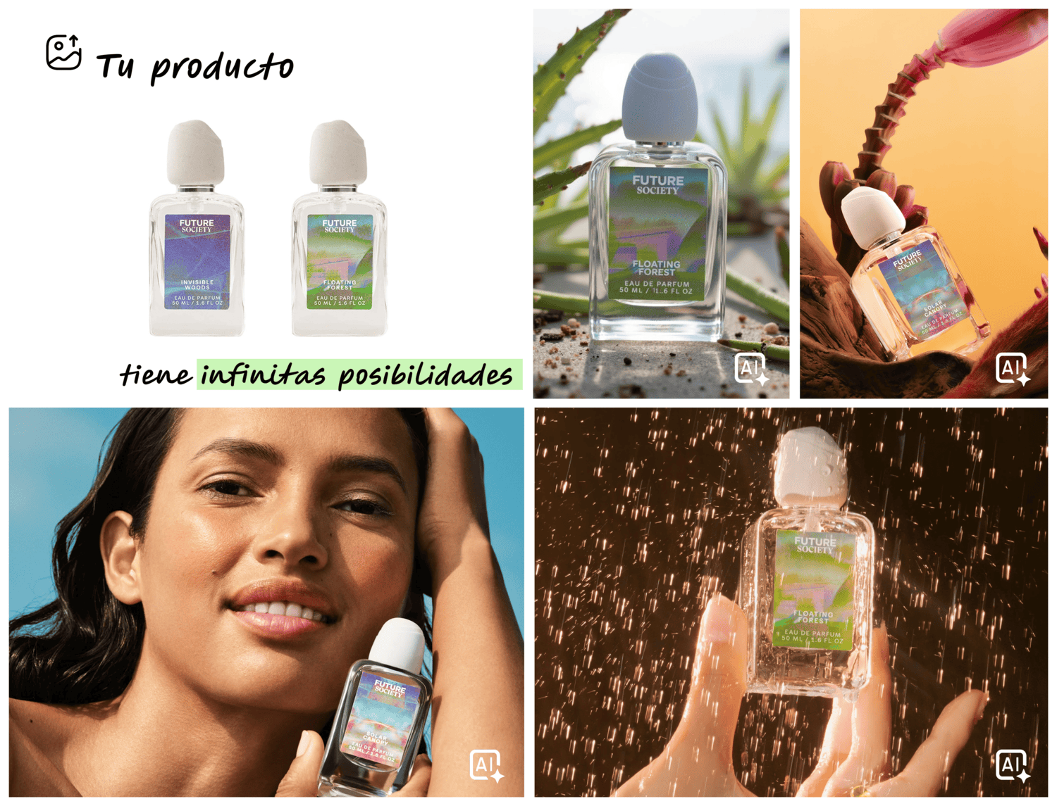 Fotografía de producto con IA de frascos de perfume con iluminación cálida