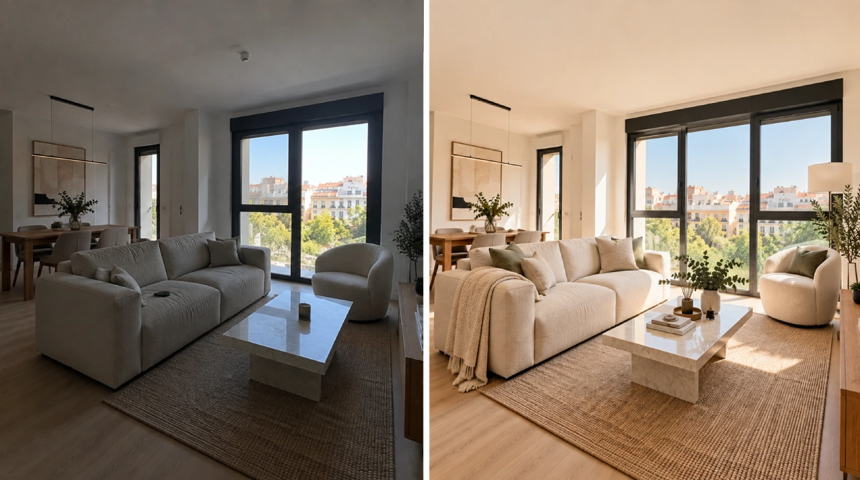 Salón de un piso con luz natural, fotografía editorial