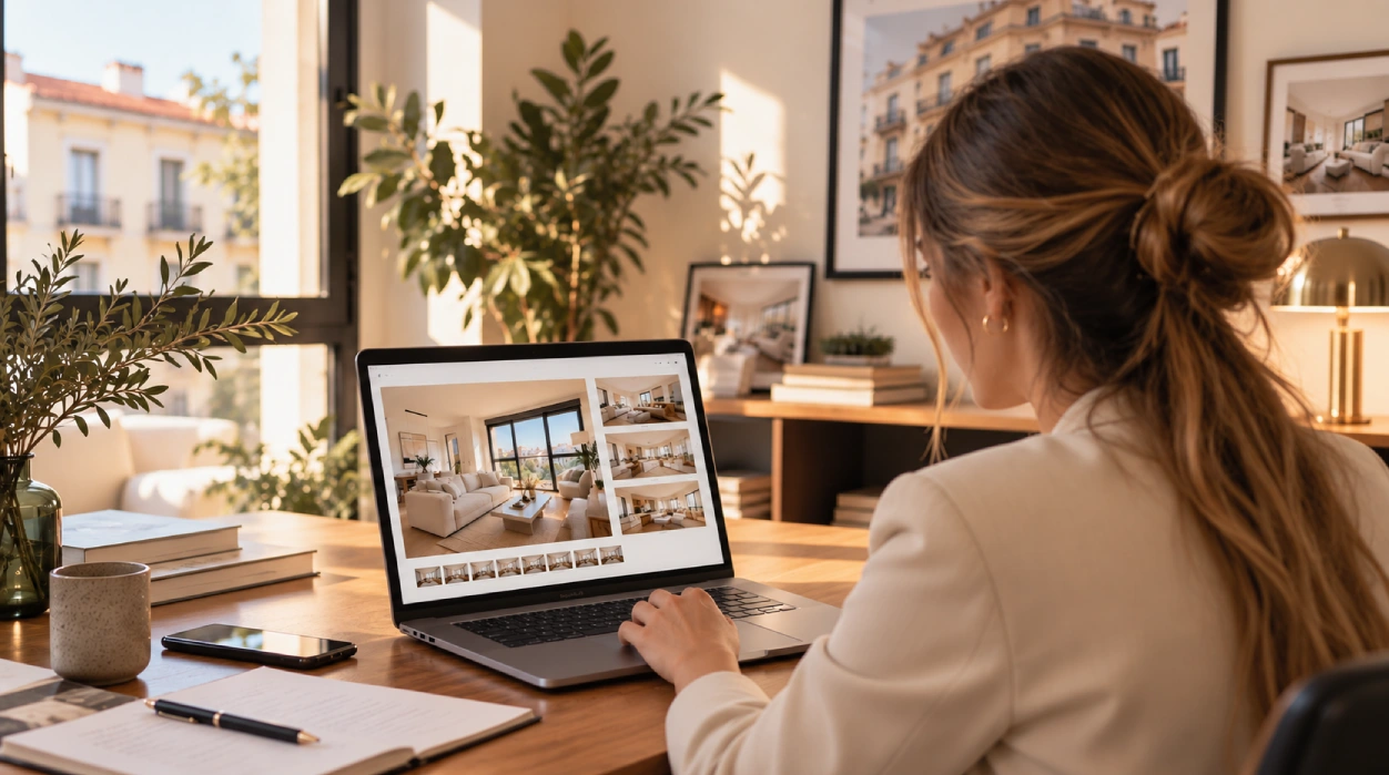 Agente inmobiliario revisando fotos de un anuncio en portátil